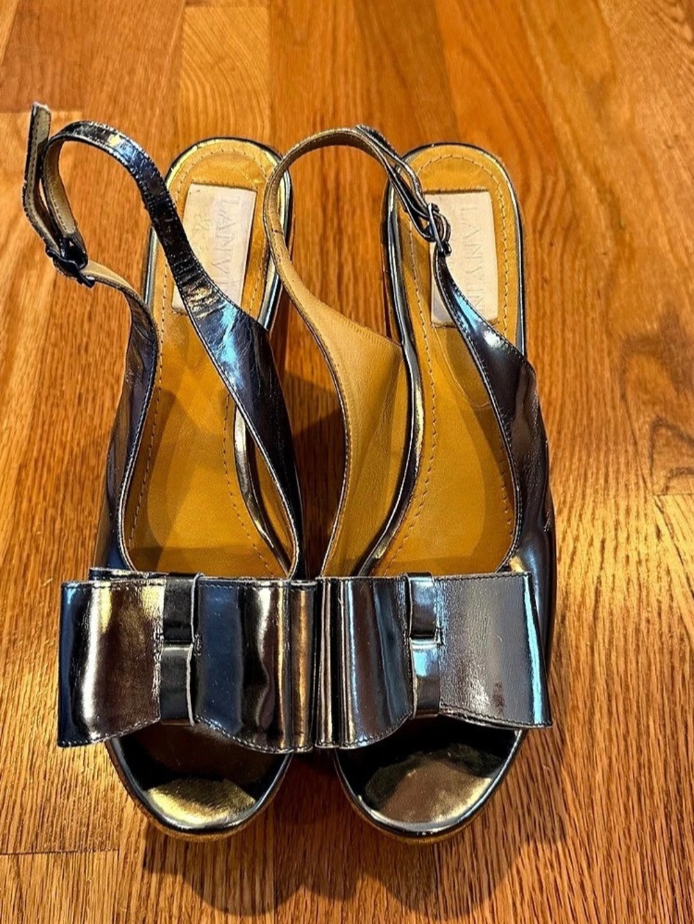 LANVIN Metallic Bow Wedge Sandals Silver US 8